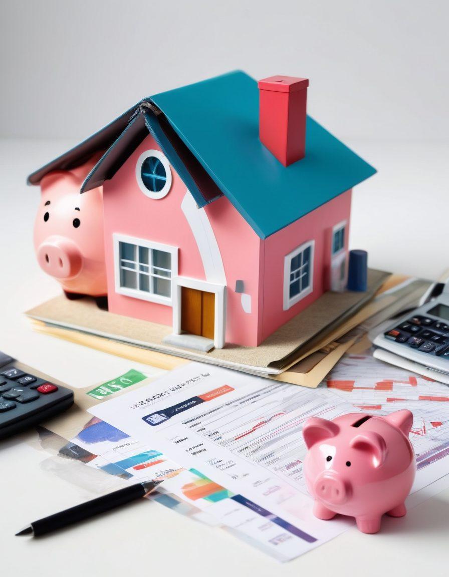 A confident person examining their credit score report with a calculator and insurance documents on the table, surrounded by symbols of wealth like a piggy bank, a house, and a car. In the background, a bright, upward-pointing graph symbolizes financial growth, and a security shield representing insurance protection. The overall tone is hopeful and empowering. super-realistic. vibrant colors. white background.