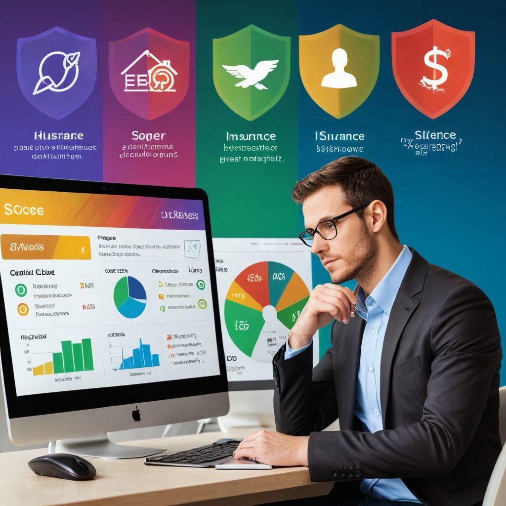 A split image showcasing two contrasting scenarios: on one side, a person worriedly reviewing their credit score on a computer, with an insurance policy document strewn about; on the other side, a person confidently discussing insurance options with an agent, surrounded by positive symbols like a shield and upward arrows representing growth. The background features a blend of financial charts and insurance icons, emphasizing the connection between credit scores and insurance choices. super-realistic. vibrant colors. informative.